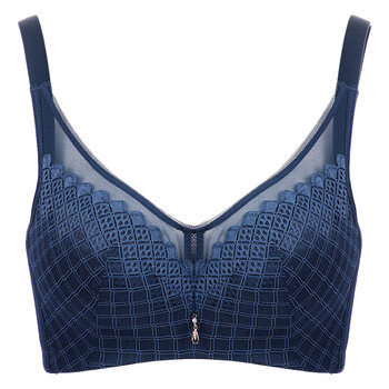 内衣女清爽侧翼透气孔舒适无钢圈拼棉杯几何文胸罩内衣女深幽蓝75c