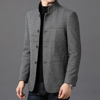 爸爸中山装外套呢子春秋厚款中年男士羊毛呢夹克秋冬中华立领衣服灰色