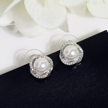 冠司时尚s针优雅珍珠耳钉无耳洞耳夹无洞耳环耳饰品气质女礼物 白金色