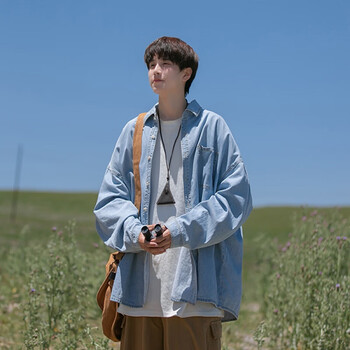 浅蓝色牛仔衬衫男感男生工装长袖衬衣vintae秋季外套 浅蓝色 l