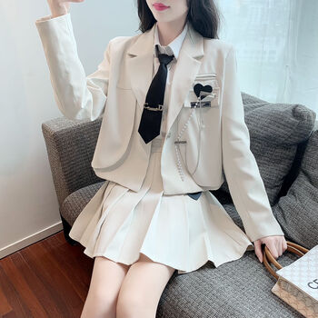 jk制服套装女英伦西装学院风套装2022装短外套百褶裙炸街两件套 白三