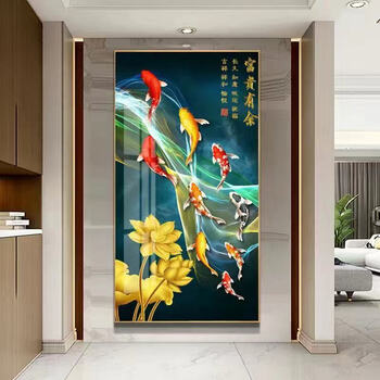 上新装饰字画一九鱼图风水入户玄关走廊过道装饰画轻奢挂画客厅晶瓷画