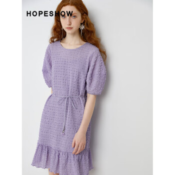 红袖连衣裙春装新款温柔紫色荷叶边系带收腰泡泡纱裙子 粉紫510 S