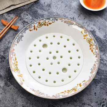 颜来骨瓷饺子盘中式双层沥水带屉可拆卸创意圆形盘子吃饭两用菜盘蒸饺