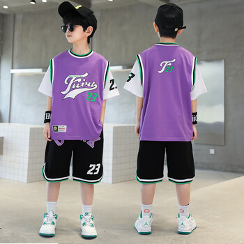 夏2022新款中大儿童洋气时髦男孩夏季运动篮球服韩版潮衣两件套 紫色