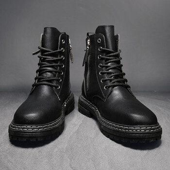 秋冬季皮面高帮休闲靴子男冬天男士潮流百搭中帮户外工装皮靴马丁靴