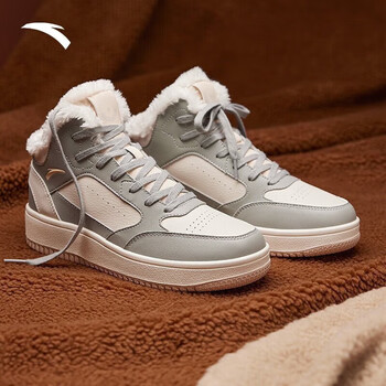 安踏女鞋加绒棉鞋女子运动板鞋防滑冬季保暖休闲棉鞋 洲灰色/泥沙灰