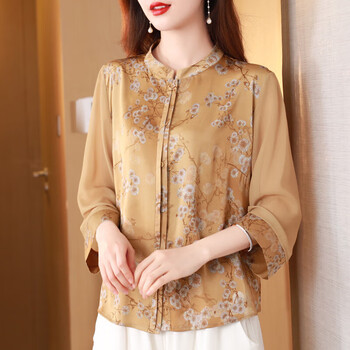 洱樱复古女装中国风唐装女上衣中袖雪纺衬衫夏中式碎花立领小衫黄色