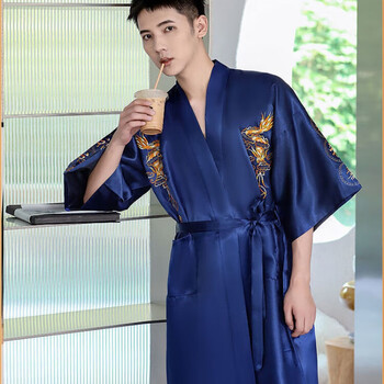 森甘雨睡衣男夏季冰丝龙袍睡袍长袖夏薄款新款龙纹长袍短裤家居服套