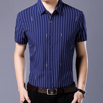 七匹狼中年男士休闲条纹冰丝免烫衬衣夏季爸爸装薄款短袖衬衫中青903