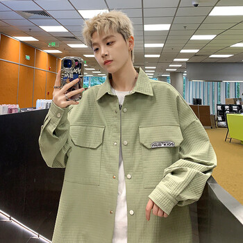 about华夫格外套男款秋季绿色多巴胺夹克春秋款潮牌感痞帅工装衣服