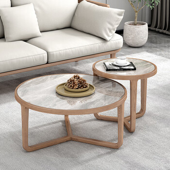 悠梵北欧大小圆茶几组合简约小户型实木边几极简亮光岩板圆形茶几桌子