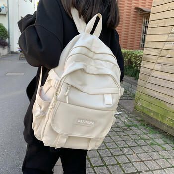 mdug红色书包女大学生工装港风双肩包韩版大容量帆布高中生背包米白色