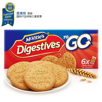 英国进口 麦维他（Mcvitie's） 全麦粗粮酥性原味消化饼干 6袋分享装176.4g 办公室零食小吃