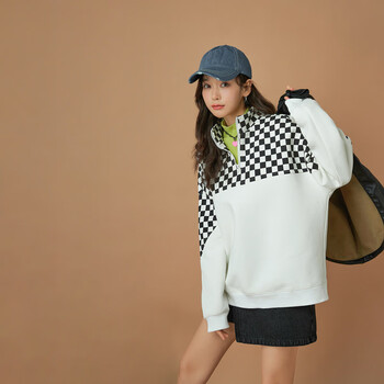 othermix棋盘格拼接卫衣女冬季新款宽松慵懒风带拉链长袖上衣黑白格