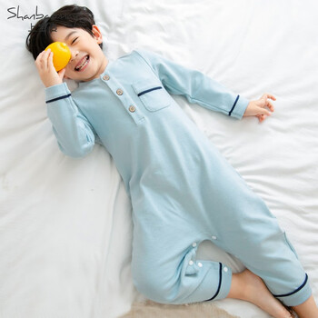 上宝麦春秋儿童连体睡衣男童棉加厚男孩宝宝睡衣连体衣长袖灰蓝色150