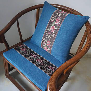 新中式椰棕圈椅垫靠垫棉麻刺绣坐垫海绵沙发垫飘窗垫定制棕榈垫藏蓝配
