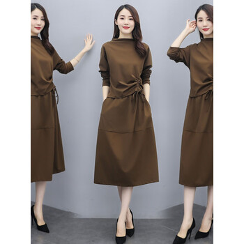 优衣库假两件连衣裙长袖女春秋款新款时尚洋气中长款气质拼接裙子初秋