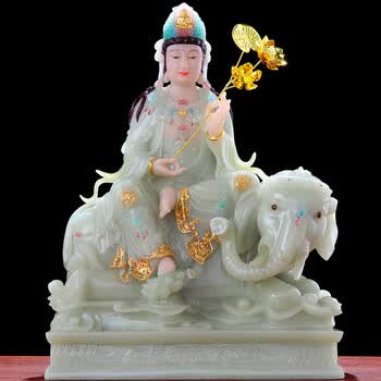 盛凡汉白玉翠玉文殊菩萨摆件供奉文殊普贤佛像本命佛智慧佛普贤守护神