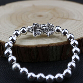 老凤祥银手链貔貅银手链男女百搭银珠手链999银光面圆珠 8毫米珠素