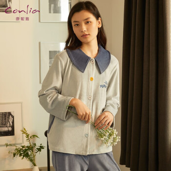 康妮雅（Conlia）情侣睡衣女秋冬加厚海岛绒保暖家居服长袖宽松男士居家服套装 浅灰-女款 M