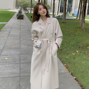 大衣女中长款2023秋冬韩版宽松气质双面毛呢长外套米白色xs105斤内