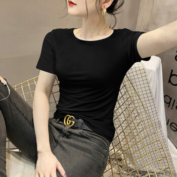 RKTR 短袖t恤女韩版夏季新款半袖简约百搭打底衫上衣 黑色 M（85-96斤）