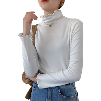 温小影木耳边半高领打底衫女秋冬长袖纯色内搭修身保暖德绒上衣1件