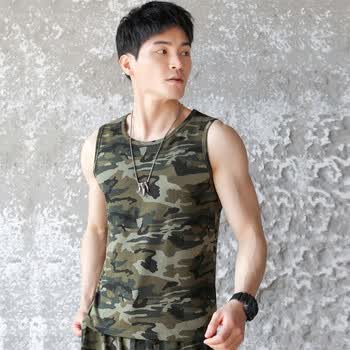 男士纯色修身跨栏弹力紧身韩版潮运动健身无袖打底汗背心 纯色迷彩 xl