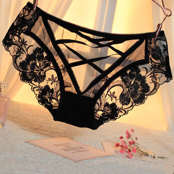 火辣诱惑纯棉底情趣内衣女性感蕾丝女士免脱情趣内裤牵牛花全黑色均码