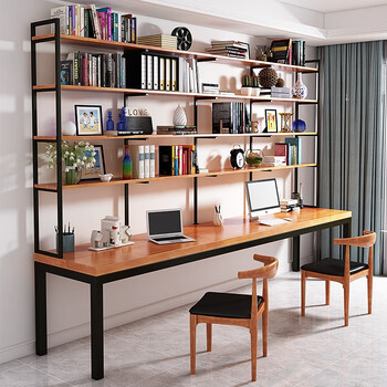 原古原林书桌书架组合铁艺书房家用台式电脑桌架一体双人办公桌靠墙