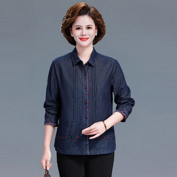 茵恋美妈妈外套春秋季5060岁春秋中老年衬衫女牛仔衣服长袖上衣60岁老