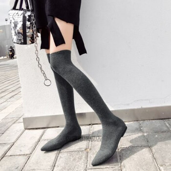 fgacct韩版秋冬袜子靴长筒过膝长靴女尖头高筒平底弹力瘦瘦靴子灰色35