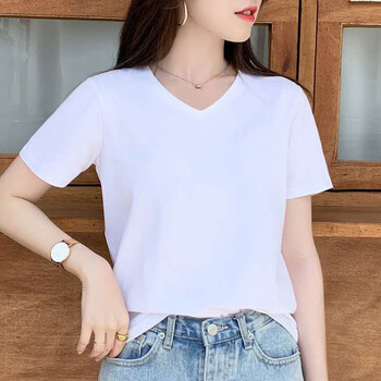 t恤女2022春夏女装新款韩版宽松v领t恤休闲印花上衣 白色v领-纯色无图