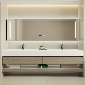 双盆浴室柜组合岩板无缝陶瓷洗漱洗脸台盆柜 可丽耐一体盆 智能镜柜