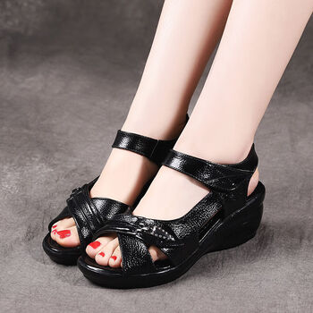 凉鞋女夏中年坡跟防滑鱼嘴鞋中跟休闲鞋老年鞋新品中老年凉鞋黑色35