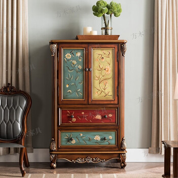立柜欧式斗柜立柜高柜子储物柜子实木美式彩绘玄关柜复古电视边柜酒柜