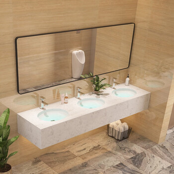 高低浴室柜双盆大理石洗手台面盆池订公共卫生间洗漱台 1.8米三盆【图