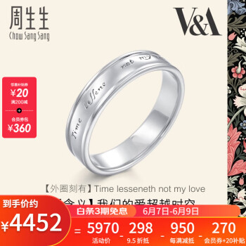 周生生 Pt950铂金戒指白金V＆A博物馆情诗情侣对戒男款女款38881R 定价 15圈