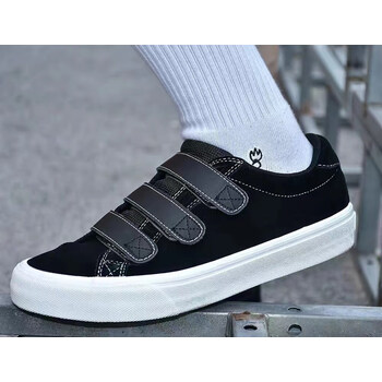 适用原厂极路客儿童魔术贴滑板鞋黑白低帮透气运动休闲男女翻毛皮耐磨