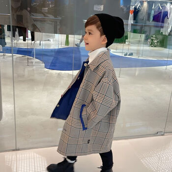 淘克菲儿童英伦风外套男童中长款洋气经典千鸟格双面穿大立领风衣格子