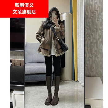 年新款羊羔毛外套女冬季麂鹿皮绒机车服夹克加绒加厚 图 s【图片 价格