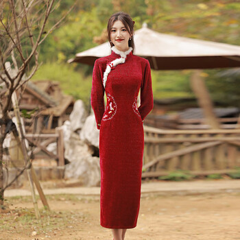 冬季加绒旗袍棉衣小个子红色过年新款加厚过年拜年服女士旗袍裙sjt197