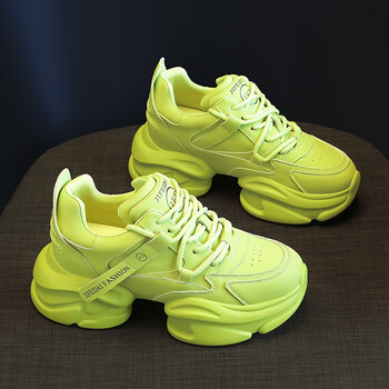 宾他她荧光绿老爹鞋女款新款春季鞋子真皮厚底女鞋2023休闲绿色34