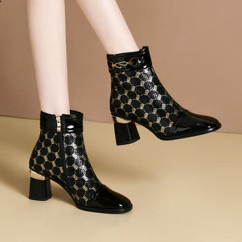 达芙妮daphne方头真皮靴子2023年新款秋冬漆皮短靴半高跟皮鞋女士冬季