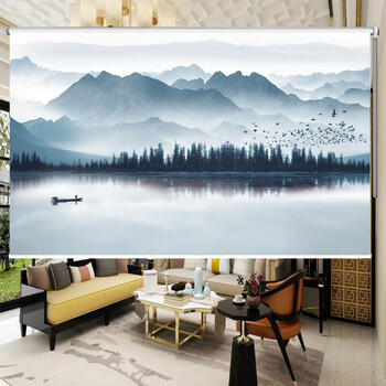 ‼️浅槿新中式卷帘办公室遮光窗帘卷拉式书房山水画免打孔阳台