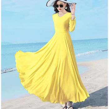 双层大摆跳舞长裙显瘦长袖雪纺连衣裙女沙滩裙中长款过膝裙子sn1081