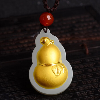艾六宝黄金镶玉金包玉葫芦吊坠 挂坠 和田玉坠挂件男女款玉石黄金项链