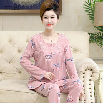 莉艾丝法中老年睡衣女秋天长袖宽松加肥大码中年妈妈睡衣女春秋款纯棉