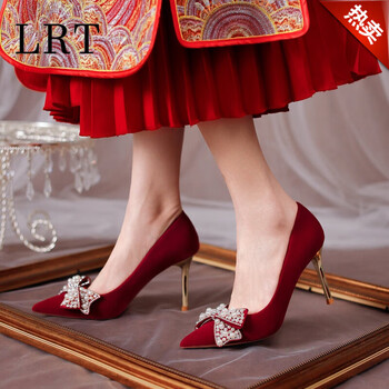 lrt婚鞋女2022年新款新娘鞋酒红色秀禾婚纱高跟鞋法式结婚红鞋酒红色6